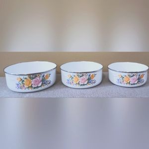 Enamelware Metal Nesting Bowls Set of 3 Rose Pattern "Imperial Garden" Vintage